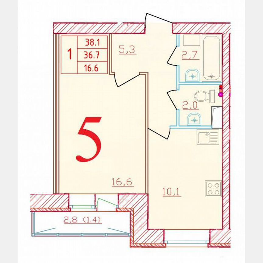 1-к. квартира, 38,1 м², 2/9 эт.