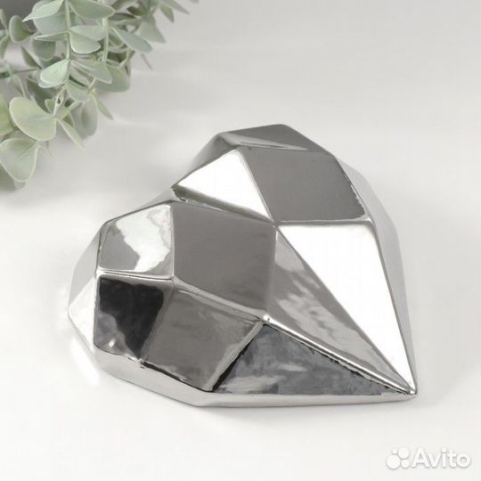 2 шт. Сувенир керамика 'Сердце 3D грани' серебро 15х15х5 см