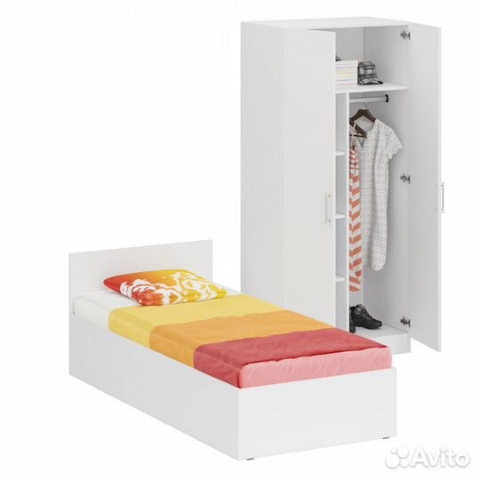 Кровать белая односпальная 900 со шкафом для одежды 2-х створчатым Стандарт, цвет белый, спальное ме