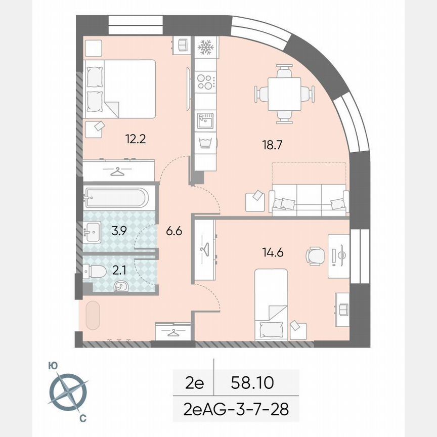 2-к. квартира, 58,1 м², 23/28 эт.