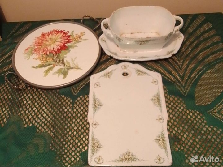 Сырная доска, соусник Кузнецов, блюдо.Антик.19 век