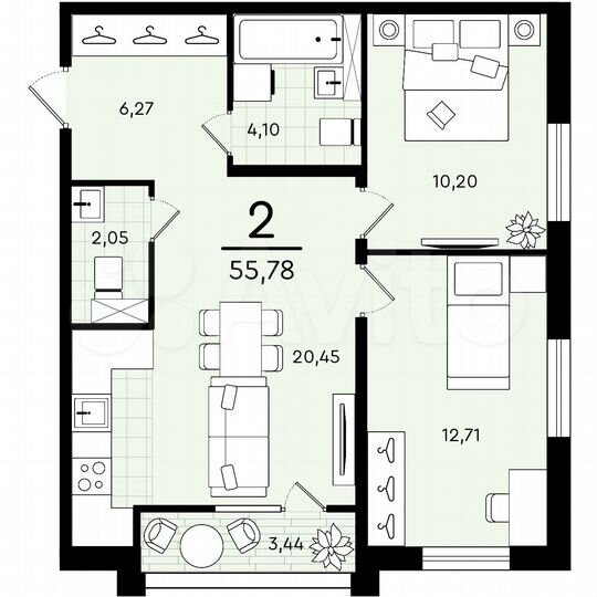 2-к. квартира, 55,8 м², 2/4 эт.