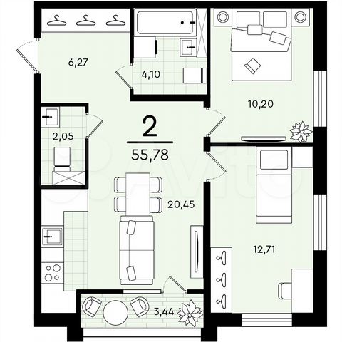 2-к. квартира, 55,8 м², 2/4 эт.
