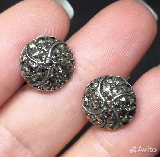 Стильные серьги, марказиты, серебро, Англия, 70е