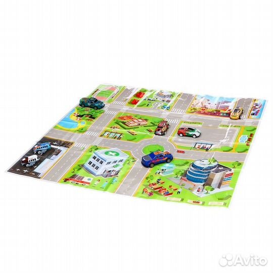 Набор машинок 'Безумные гонки', металлические, инерция, игровой коврик, в детском ящике на колёсах с