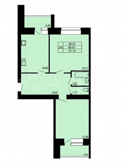 2-к. квартира, 74,1 м², 14/14 эт.