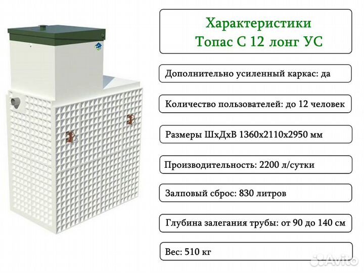 Септик топас-С 12 long ус усилен Гарантия Монтаж