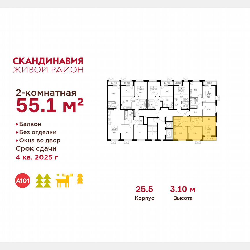 2-к. квартира, 55,1 м², 7/17 эт.