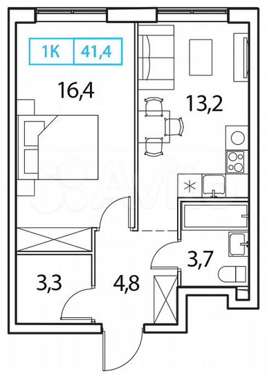 1-к. квартира, 41,4 м², 16/17 эт.