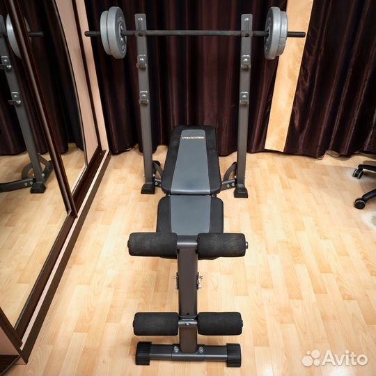 Скамья для жима, гантели, штанга, блины Torneo