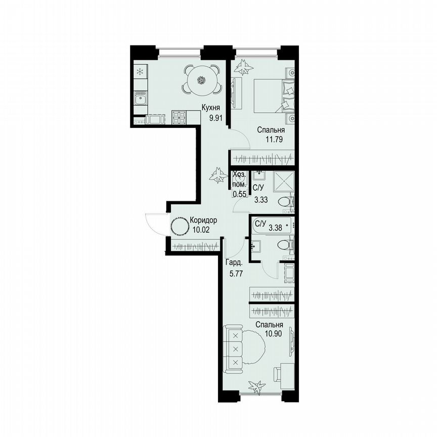 2-к. квартира, 55,7 м², 4/6 эт.