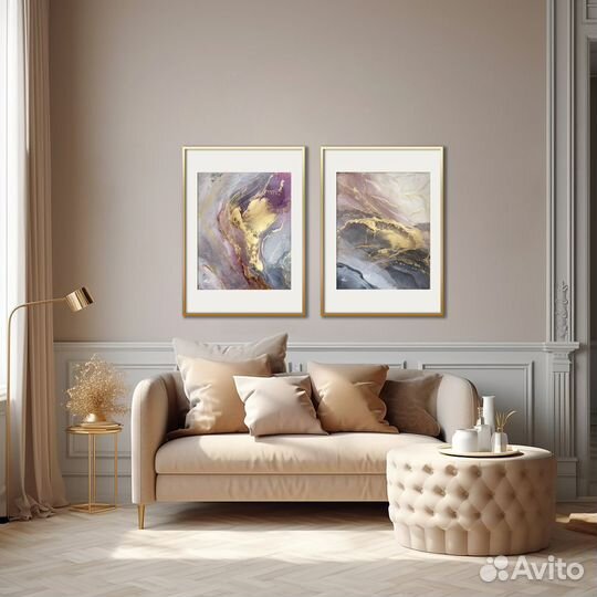 Розовая картина в интерьер с золотом 40х50 чернила