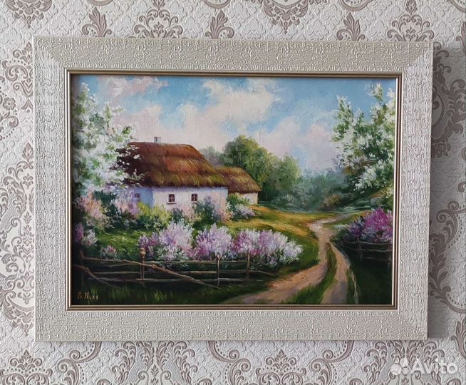 Картина маслом летний пейзаж Сирень деревня хутор