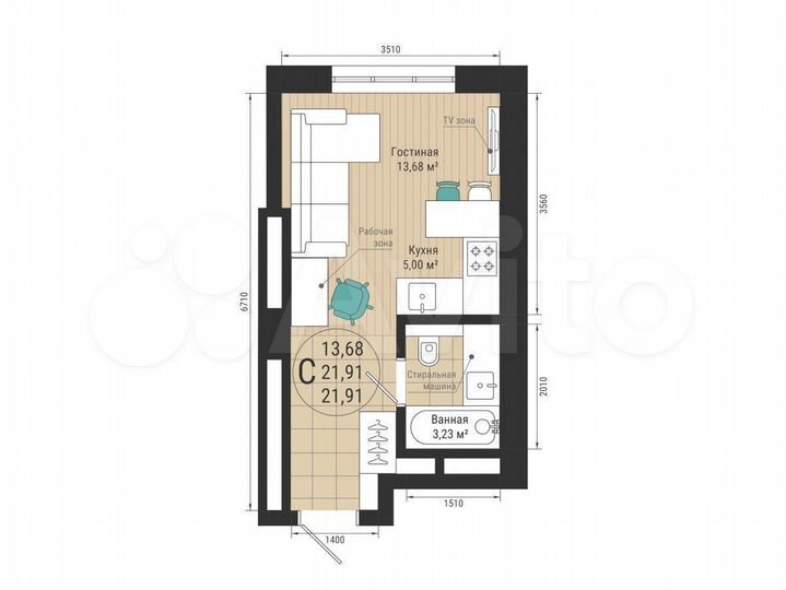 Квартира-студия, 21,9 м², 25/27 эт.