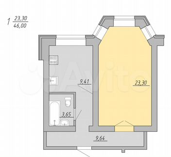 1-к. квартира, 46 м², 1/9 эт.