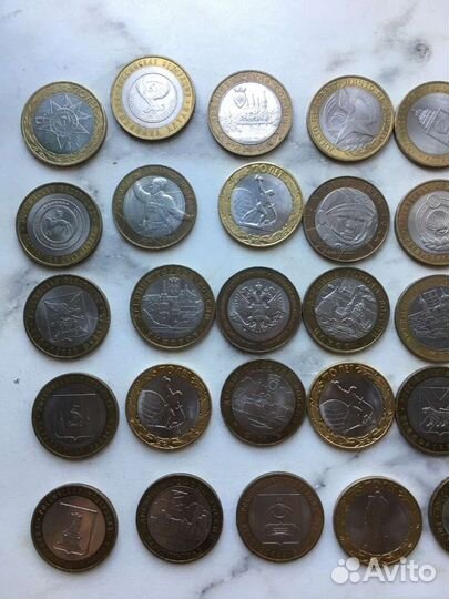 Юбилейные монеты 10 рублей, указаны наименования