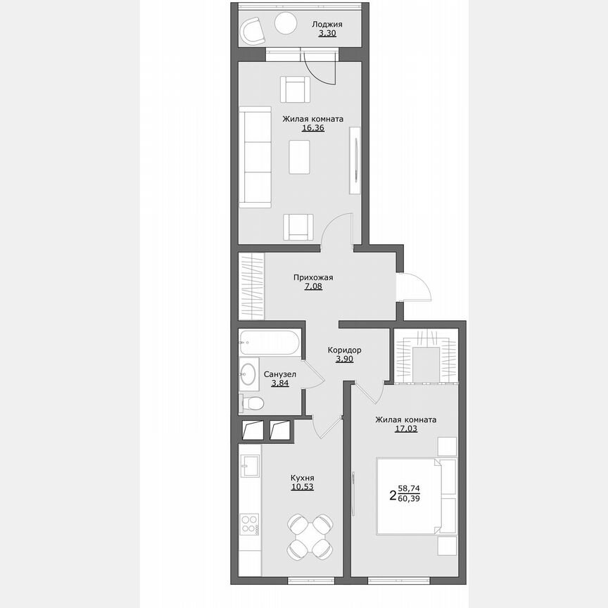 2-к. квартира, 60,4 м², 7/9 эт.