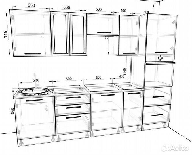 Кухня Дакота (Пасадена) 2,8м, вотан/бетон графит