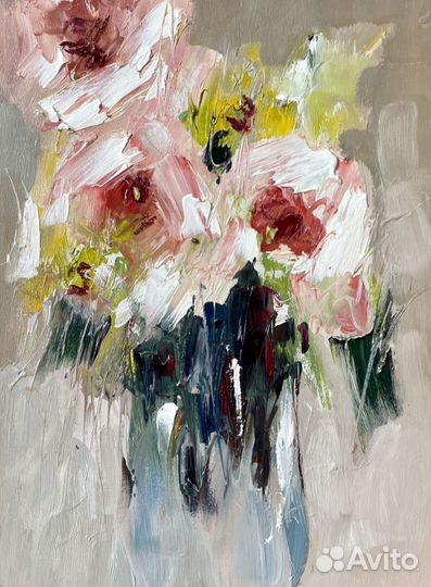 Букет пионов в вазе картина маслом цветы 15*20см