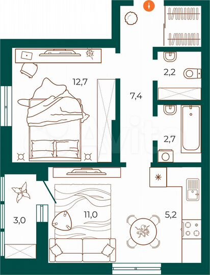 2-к. квартира, 42,7 м², 2/25 эт.