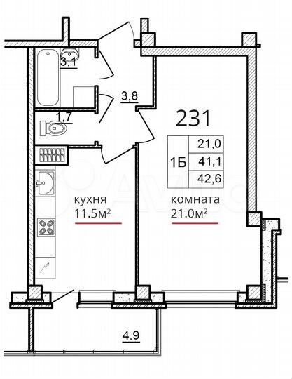 1-к. квартира, 42,6 м², 8/9 эт.