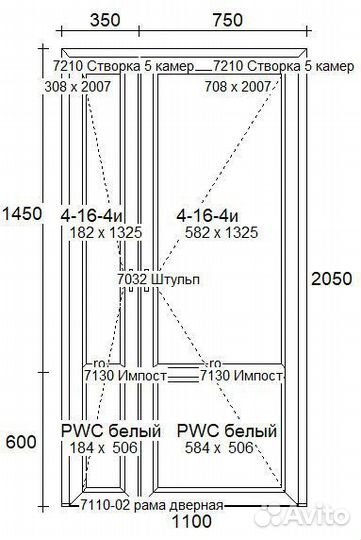 Двери пластиковые (алюминиевый порог) 1100*2050мм