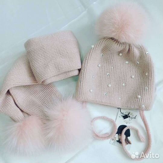 Шапка с шарфом, натуральный мех