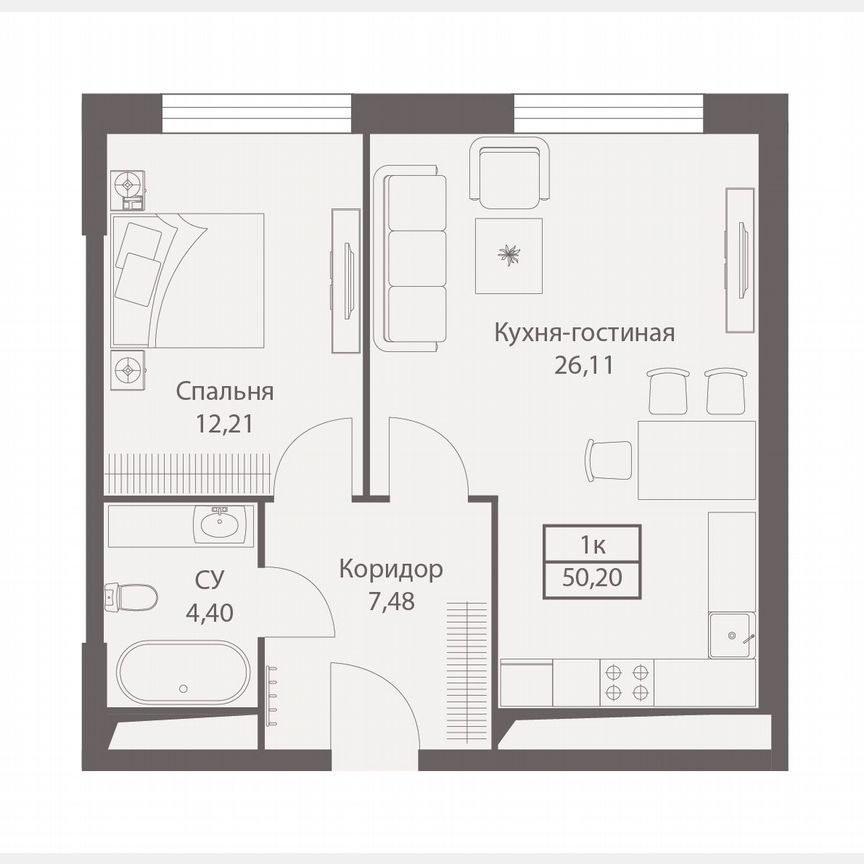 1-к. апартаменты, 50,2 м², 10/20 эт.