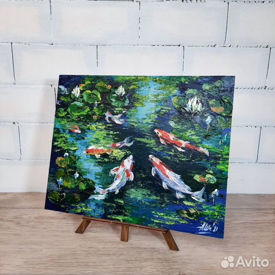 Картина пруд с рыбами Этюд Карпы Кои Лилии Пейзаж