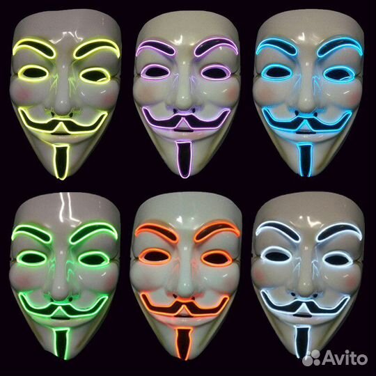 Маска V Гая Фокса (Анонимуса) светящаяся