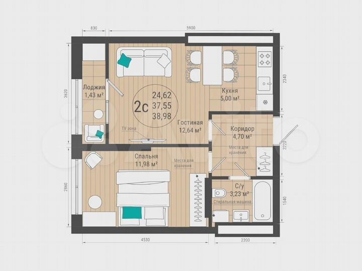 2-к. квартира, 39 м², 12/27 эт.