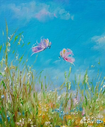 Картина летний пейзаж Разнотравье ромашки маки