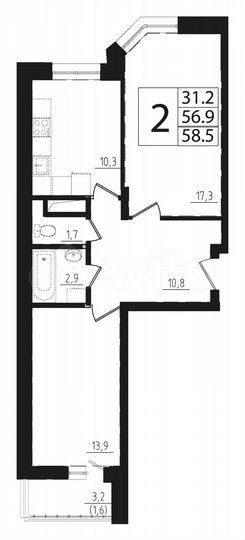 2-к. квартира, 58,5 м², 7/17 эт.
