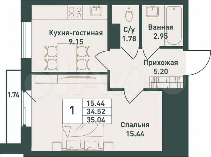 1-к. квартира, 35 м², 4/16 эт.