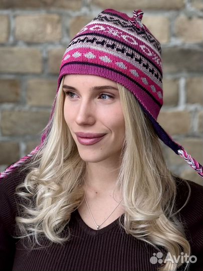 Женская шапка двусторонняя с ушками зимняя Чульо 100% альпака цвет розовый-фуксия