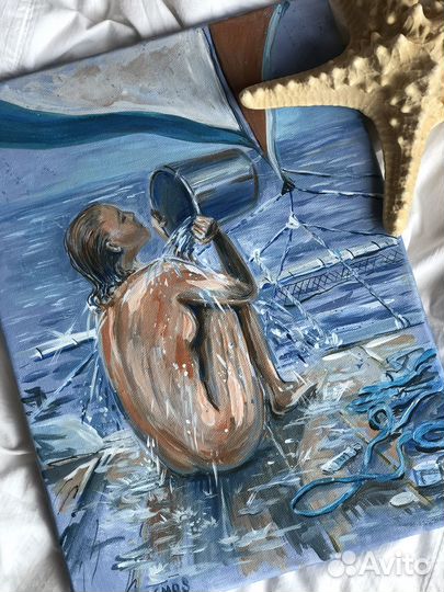 Картина яхта море девушка холст акрил