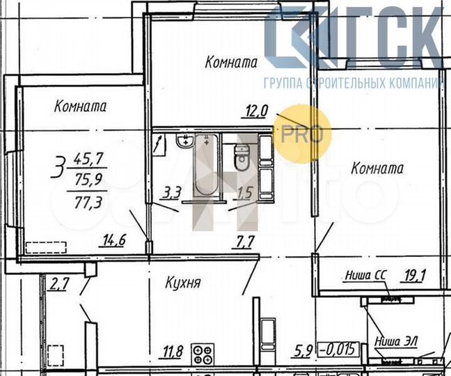 3-к. квартира, 77,3 м², 2/17 эт.