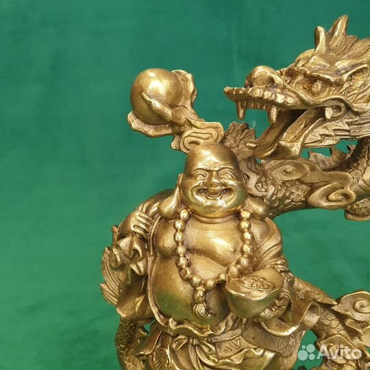 Бронзовая статуэтка Фен-шуй Хотей на драконе