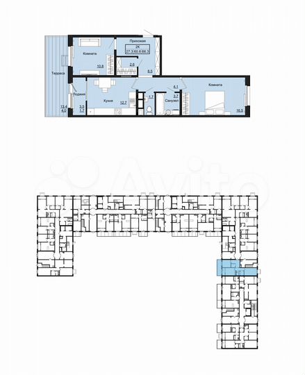 2-к. квартира, 66,3 м², 1/17 эт.