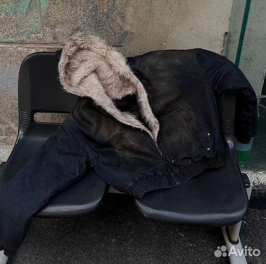 Джинсовый бомбер с мехом y2k Rick Owens type