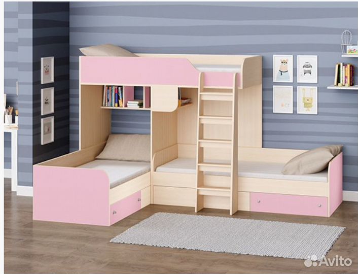 Кровать двухъярусная Трио Молочный/Розовый