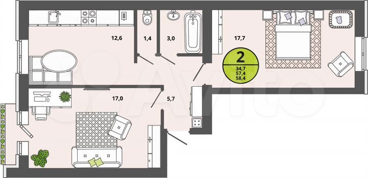 2-к. квартира, 57,4 м², 1/3 эт.