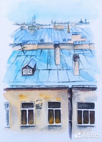 Картина акварель Крыши Санкт-Петербурга