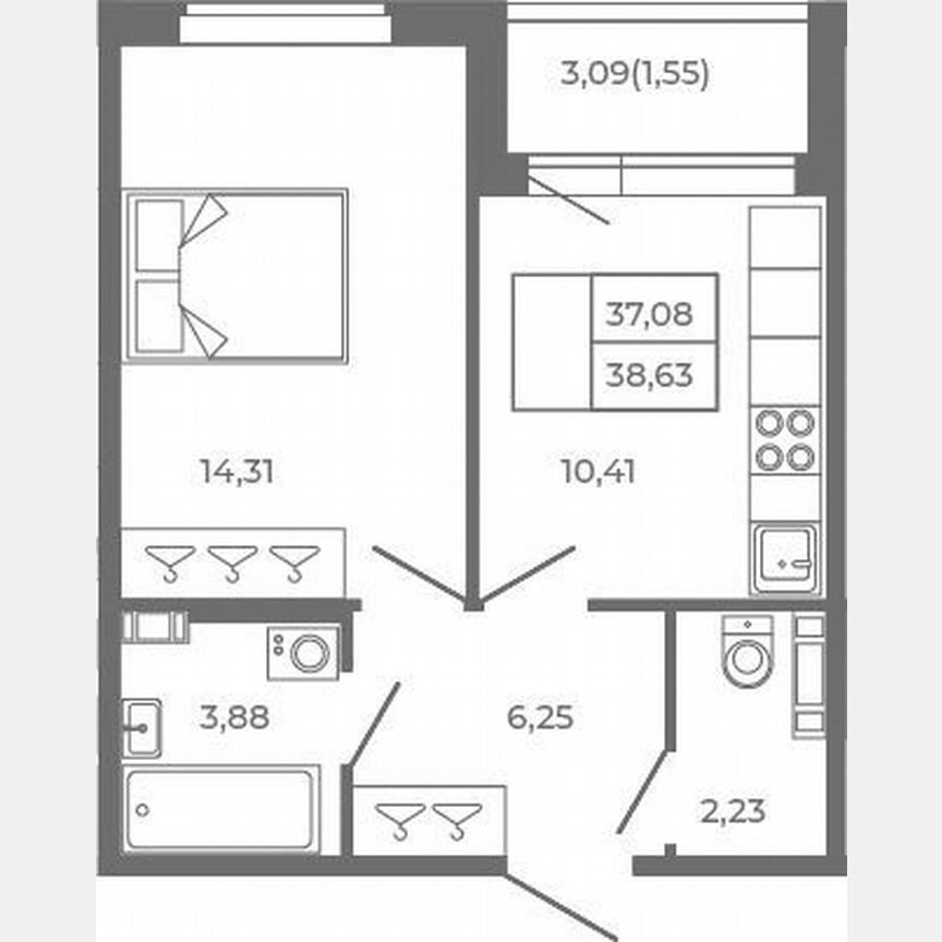 1-к. квартира, 37,1 м², 1/4 эт.