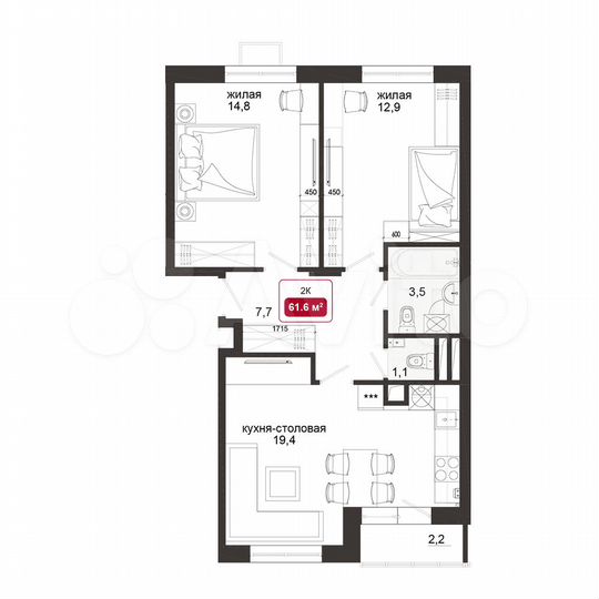 2-к. квартира, 61,9 м², 4/4 эт.