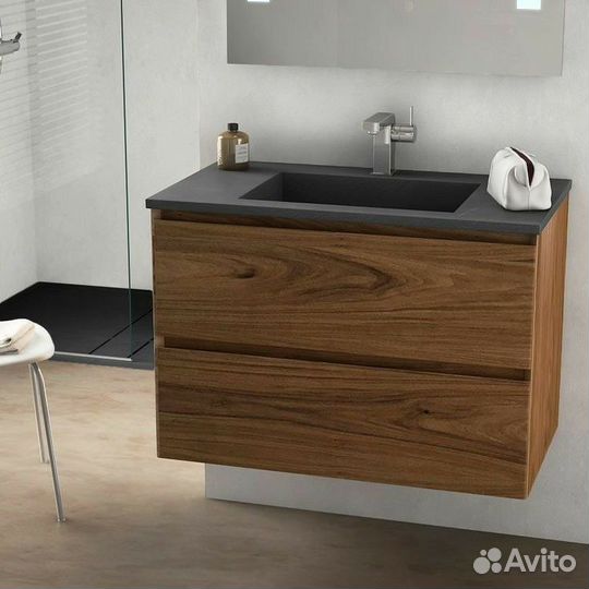 Тёмная подвесная тумба в ванную с раковиной