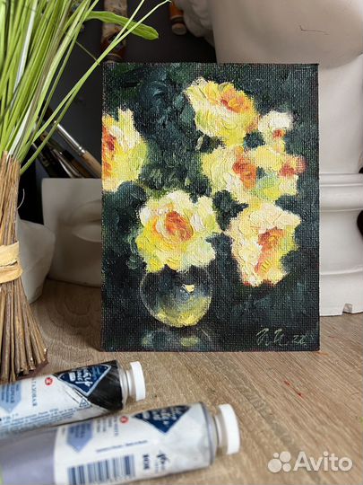Картина маслом с цветами, желтые розы, 15/20 см