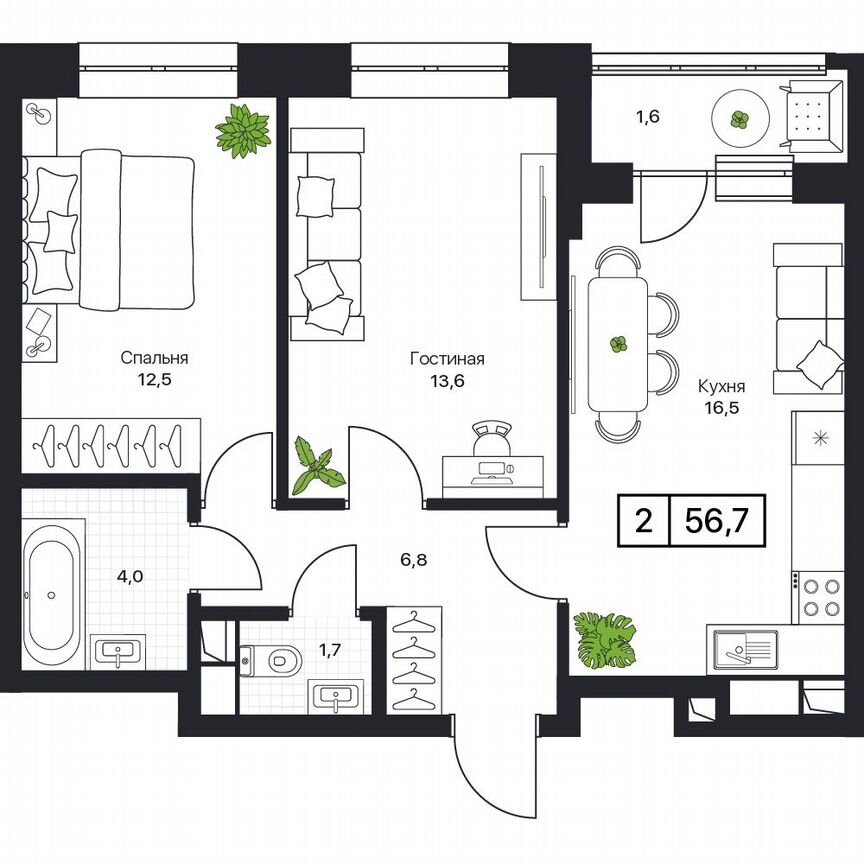 2-к. квартира, 56,7 м², 5/17 эт.