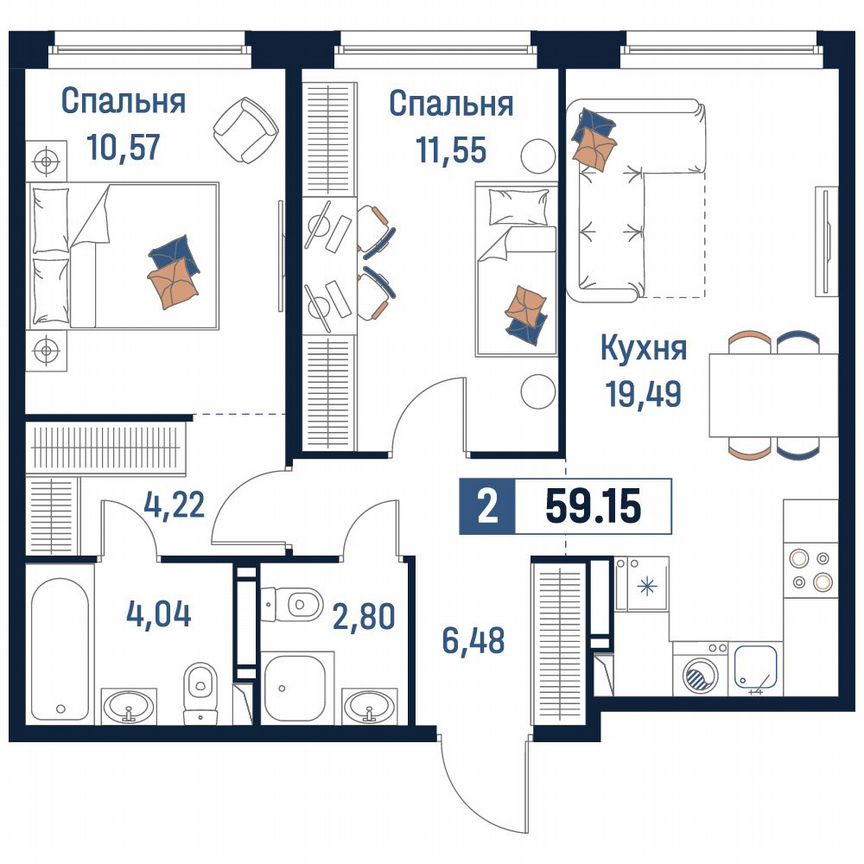 2-к. квартира, 59,2 м², 18/18 эт.