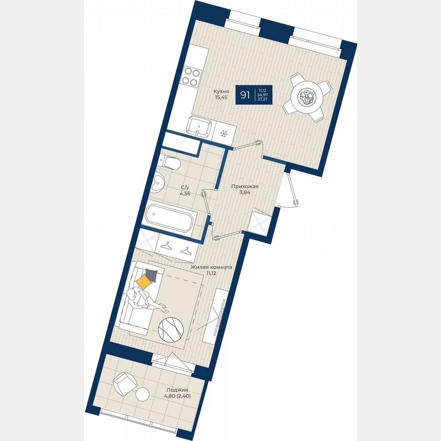 1-к. квартира, 37,4 м², 7/12 эт.
